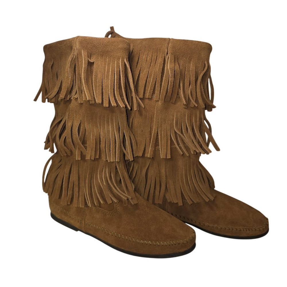 Minnetonka 3 Layer Fringe Boots Women 9 Brown Suede Mid Calf Western 1632